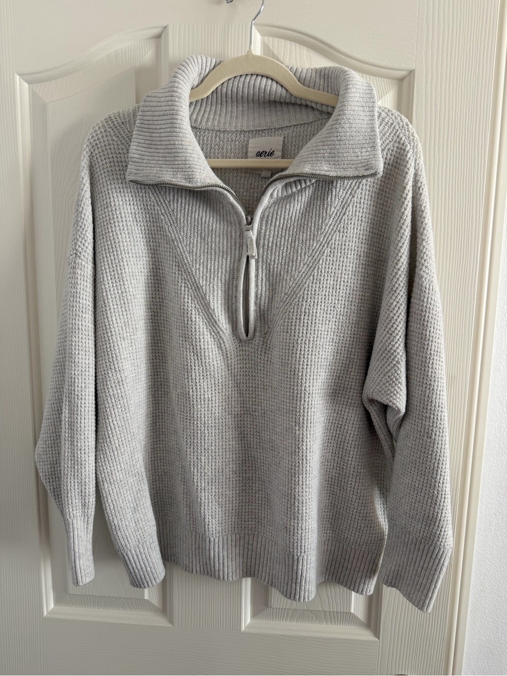 aerie Light Gray Waffle Half-Zip V-Neck Sweater
